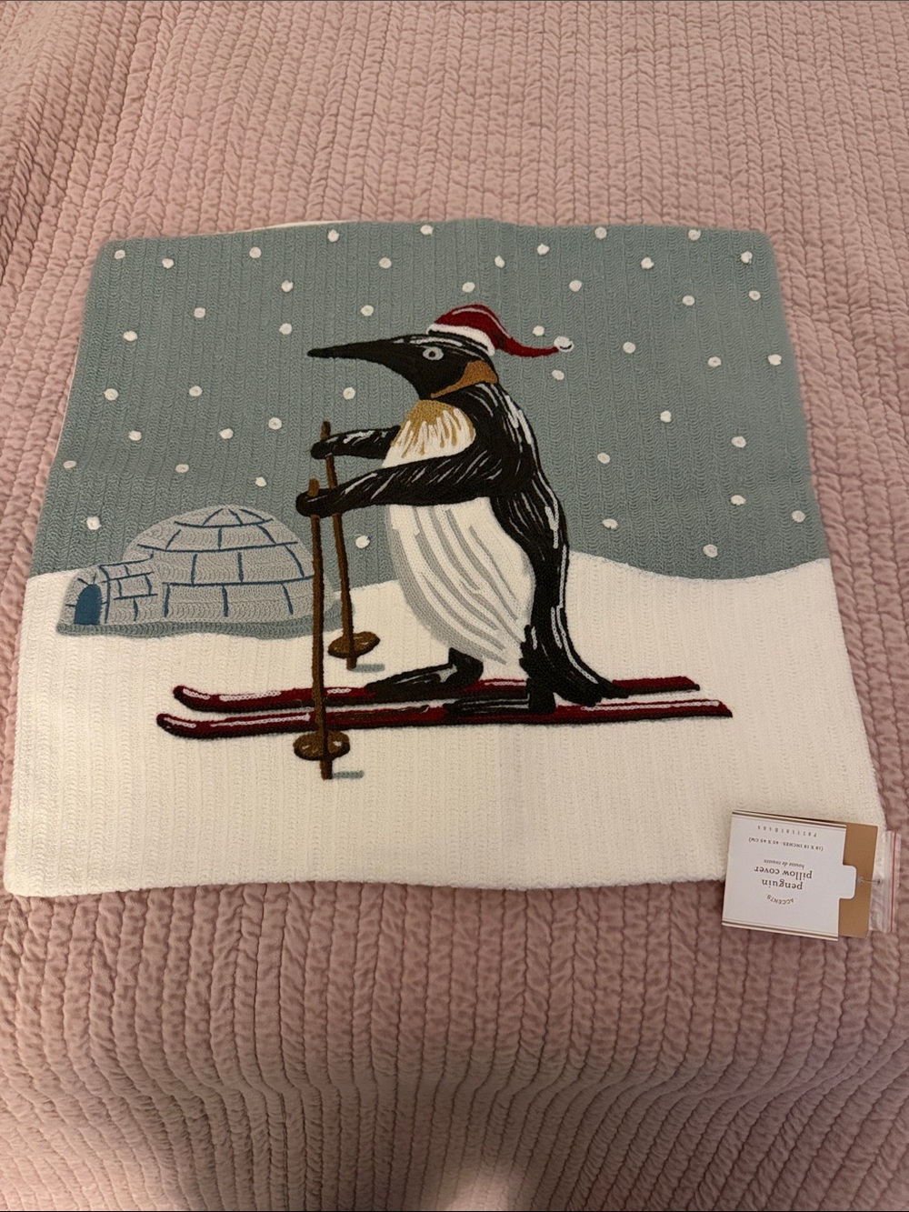 Pottery Barn Penguin embroidered ski Holiday Pillow Cover - nwt